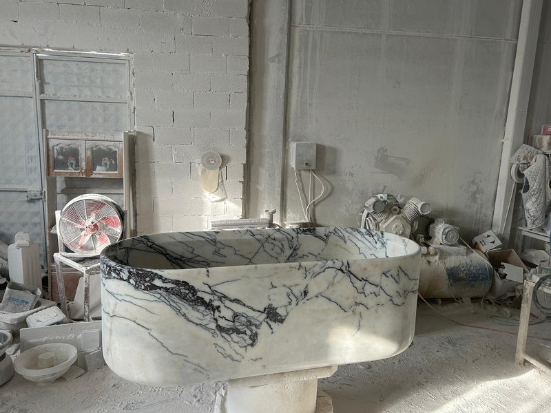 New York Marble Bathtub Hand-carved from Solid Marble Block (W)32" (L)73" (H)24" angle view