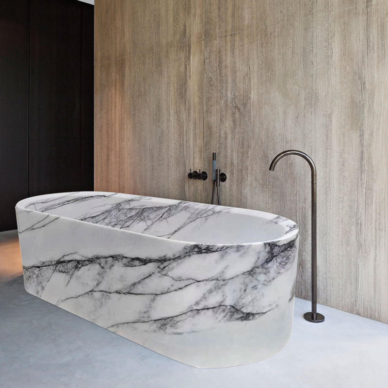 New York Marble Bathtub Hand-carved from Solid Marble Block (W)32" (L)73" (H)24" installed modern bathroom 