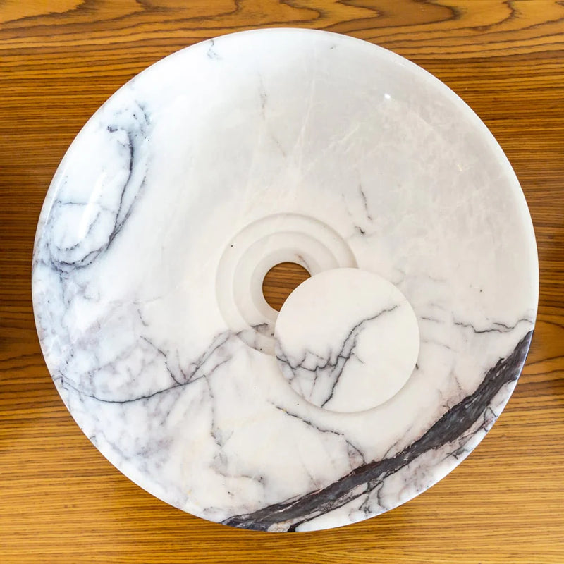 New York Marble Natural Stone Round Above Vanity Bathroom Sink Polished (D)15.5" (H)4.5" top view drain cap removed