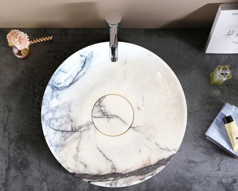 New York Marble Natural Stone Round Above Vanity Bathroom Sink Polished (D)15.5" (H)4.5" bathroom view top view chrome faucet