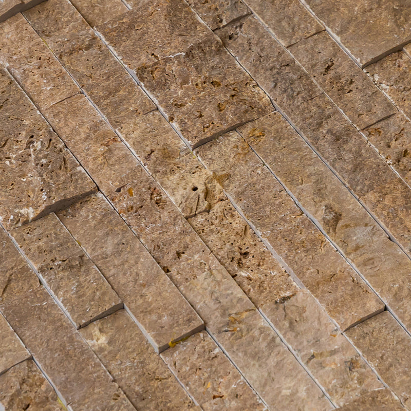 Noce Ledger 3D Panel 6x24 Split face Natural Travertine Wall Tile multiple angle closeup view