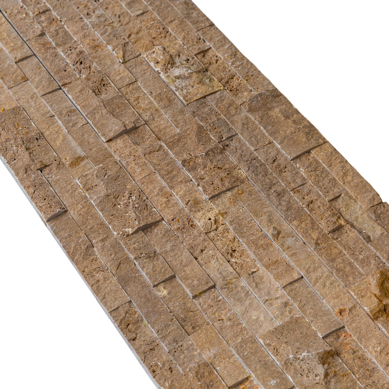 Noce Ledger 3D Panel 6x24 Split face Natural Travertine Wall Tile angle closeup view