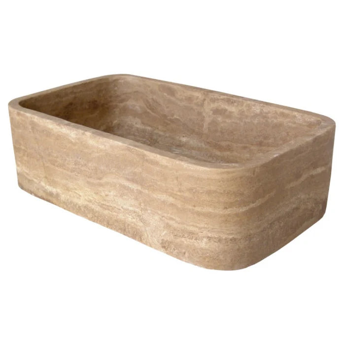 Noce Brown Travertine Farmhouse Hand-carved Apron Kitchen Sink (W)18" (L)30" (H)10" profile view