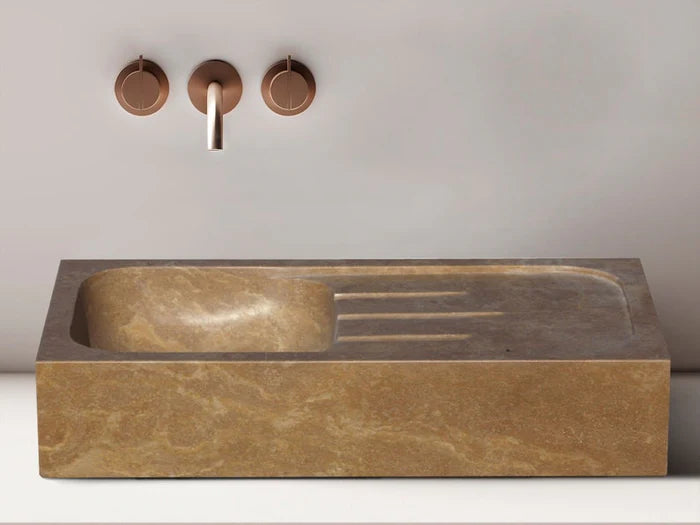 Noce Brown Travertine Rectangular Farmhouse Sink Honed and Filled (W)18" (L)36" (H)7" room scene brass faucet mounted on wall