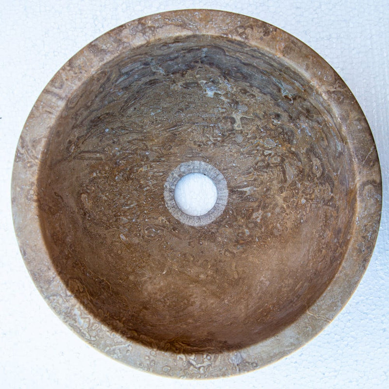 Noce Brown Travertine Natural Stone Round Above Vanity Bathroom Sink (D)12.5" (H)6" top view