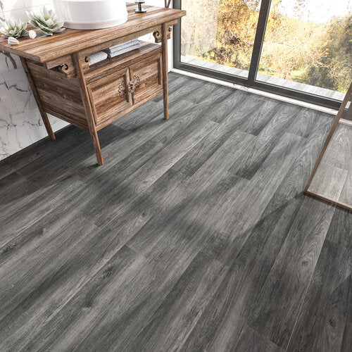 SPC Vinyl Rigid Core 7" Width 60" RL, 6mm Thick, 1.5mm IXPE  Nocturne Blade Silva Floors - Mazzia Collection Product shoot tile top view