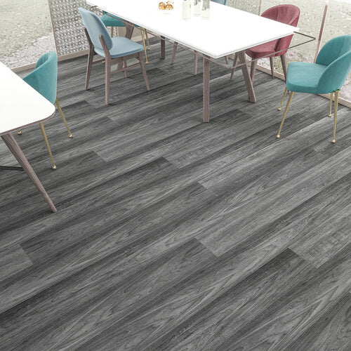 SPC Vinyl Rigid Core 7" Width 60" RL, 6mm Thick, 1.5mm IXPE  Nocturne Blade Silva Floors - Mazzia Collection Product shoot Dinning view
