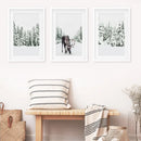 Nordic Winter Wall Art Set of 3. Snowy Forest and Moose