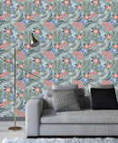 Grey Wallpaper with Flowers and Leaves