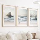 Ocean Beach with Rocks. Beige Blue Coastal Triptych