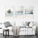 Ocean Beach with Rocks. Beige Blue Coastal Triptych