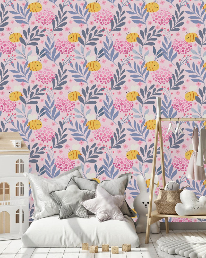 Pink Wallpaper with Bees