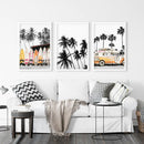 Black and Orange Surfing Art Prints. Bus, Palms, Surfboards