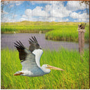Flying Pelican Marsh | Wall Art Print on Real Wood