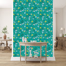 Green Wallpaper with Brightly Flowers