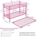 Pink Metal Twin over Twin Bunk Bed with Twin size Roll-Out Trundle Bed Frame