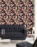 Elegant Dark Wallpaper with Pink Flowers Fashionable