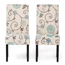 Set of 2 Beige Cream Teal Blue Floral Fabric Dining Chair with Wood Legs