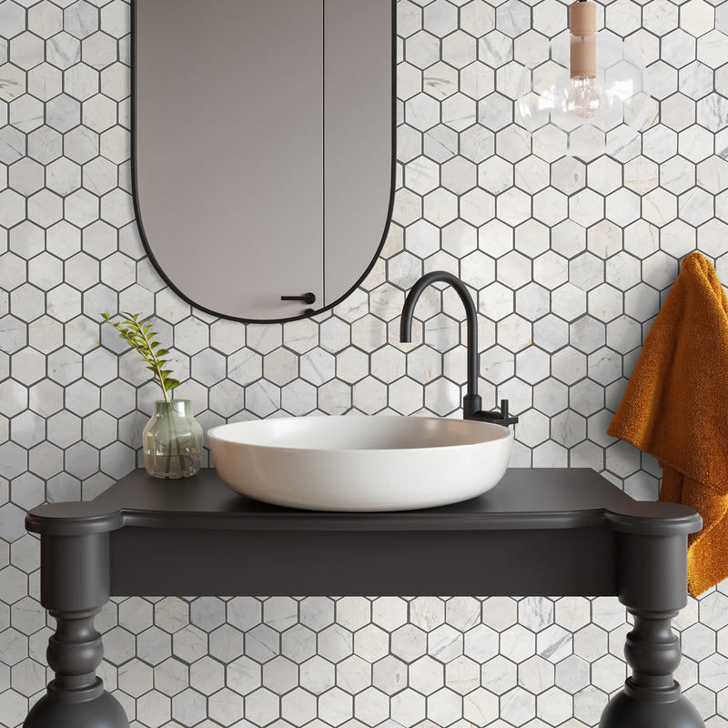 Palia Dolomite Marble mosaic tile hexagon 2 backsplash tile polished installed bathroom wall