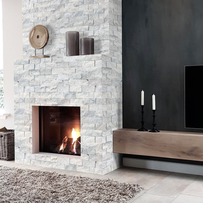 Palia white dolomite wall tile marble 2x4 split-face installed around fireplace living room