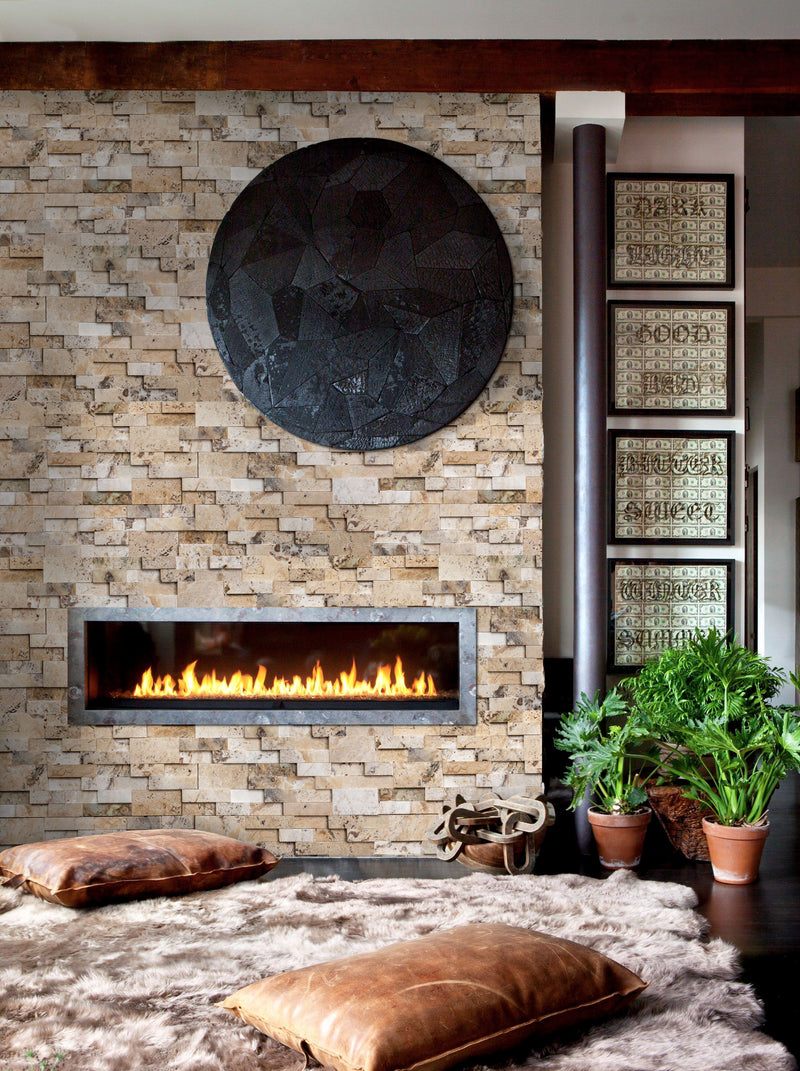 Philadelphia 3D Panel 6x24 Natural Travertine Wall Tile Honed installed indoor fireplace view