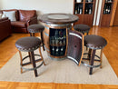 Oak Barrel Pub Table Set, Counter Height Wood Glass Top, Cabinet Storage, Bar Stools, Home Bar, Man Cave - Handmade from Family Business