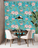Blue Wallpaper with Pink Flamingos