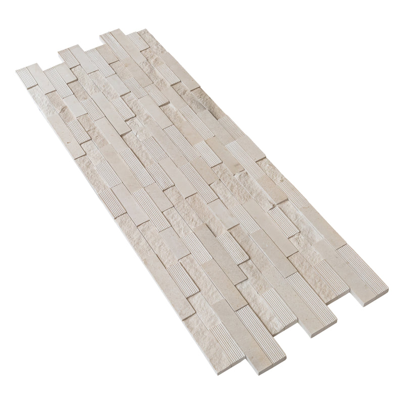 Piedra Caliza Ledger 3D Panel 6x24 Multi surface Natural White Limestone Wall Tile angle wide view