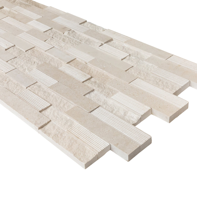 Piedra Caliza Ledger 3D Panel 6x24 Multi surface Natural White Limestone Wall Tile angle multiple profile view