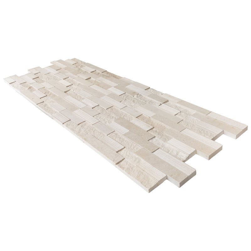 Piedra Caliza Ledger 3D Panel 6x24 Multi surface Natural White Limestone Wall Tile angle multiple wide view