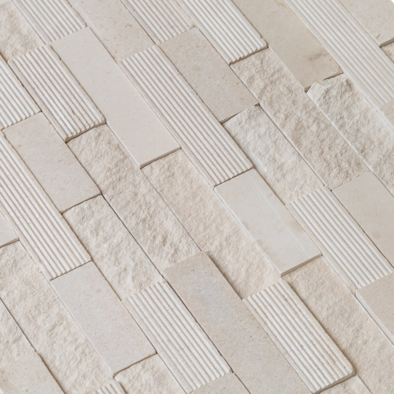 Piedra Caliza Ledger 3D Panel 6x24 Multi surface Natural White Limestone Wall Tile angle multiple closeup view