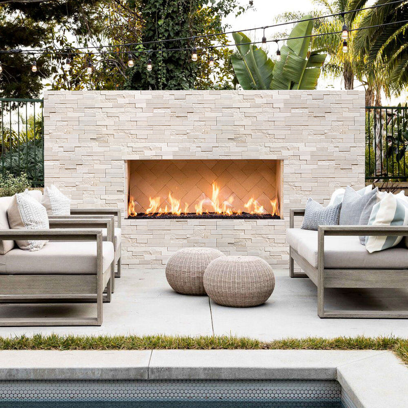 Piedra Caliza Ledger 3D Panel 6x24 Multi surface Natural White Limestone Wall Tile installed patio wall fireplace swimming pool square