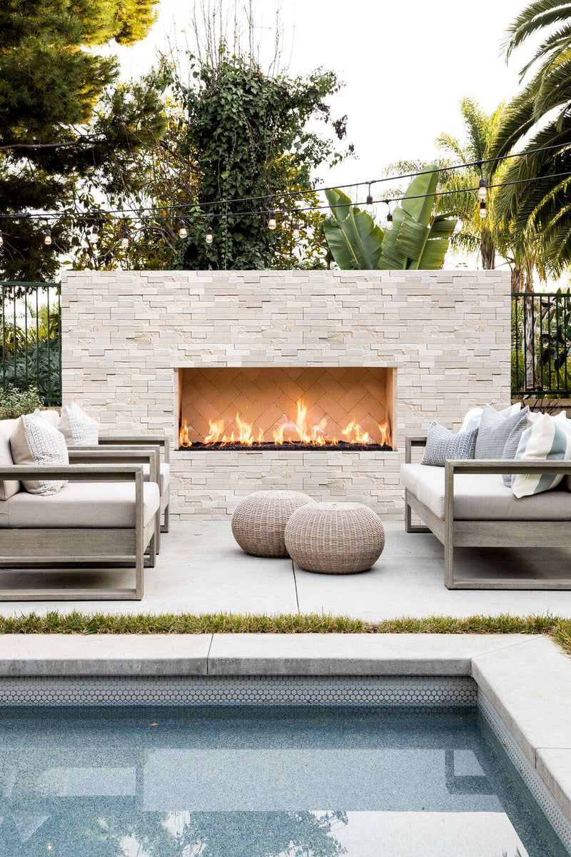Piedra Caliza Ledger 3D Panel 6x24 Multi surface Natural White Limestone Wall Tile installed patio wall fireplace swimming pool