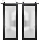 Planum 2102 Matte Black Double Barn Door with Frosted Glass | Black Rail