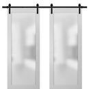 Planum 2102 Matte White Double Barn Door with Frosted Glass | Black Rail