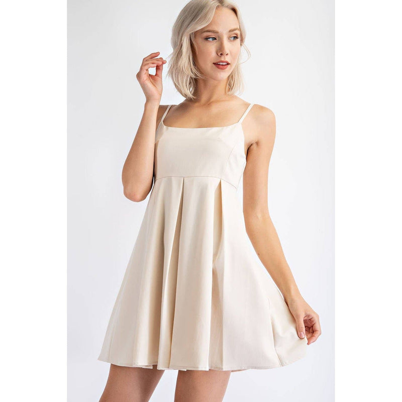 babydoll cocktail dress Pleated Cotton Twill Empire Waist Mini Dress in Cream