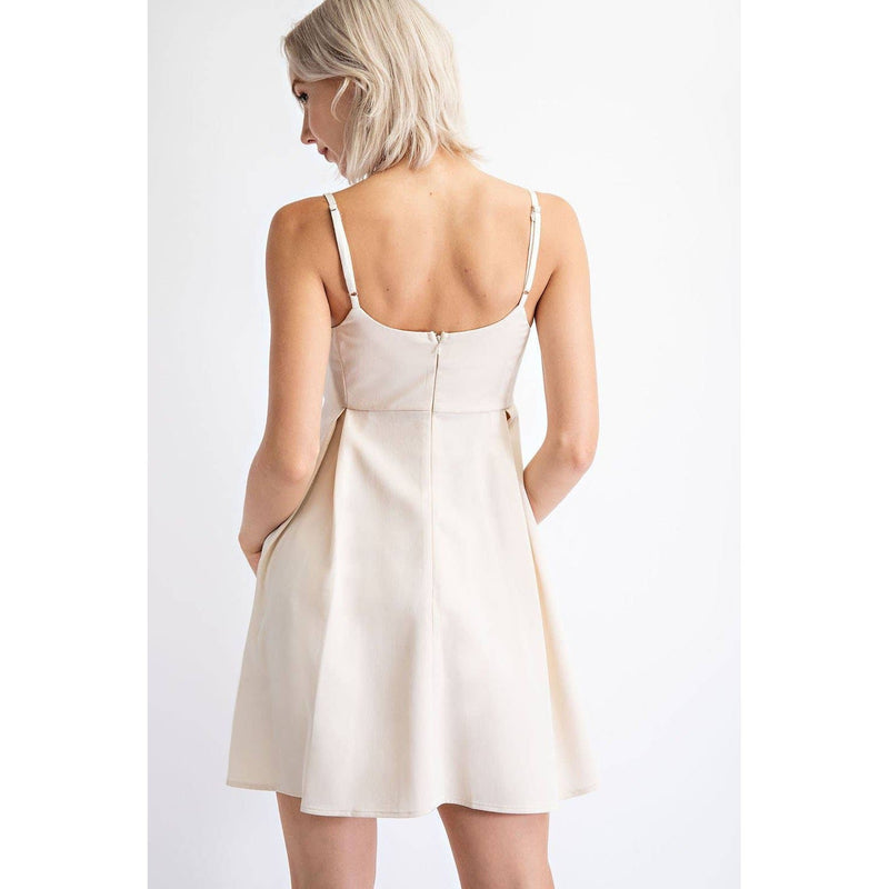 Pleated Cotton Twill Empire Waist Mini Dress in Cream