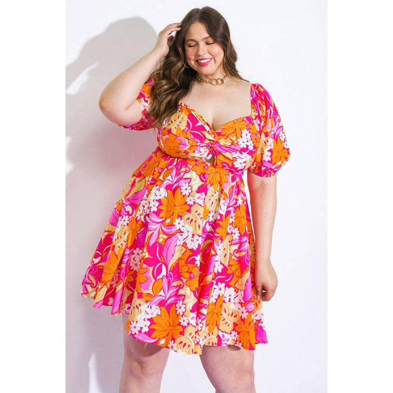 Plus Size Orange and Pink Floral Printed Woven Mini Dress [Size Option