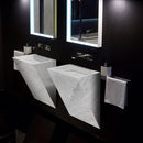 Polar White Marble Designer Triangle Sink Wall-mount Bathroom Sink (W)12" (L)18" (H)24" installed bathroom black walls and floors double sink rectangular backlit mirrors