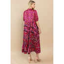 Printed Ruffle Hem Short Sleeve Midi Dress in Red [Size SM-L]
