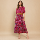 Printed Ruffle Hem Short Sleeve Midi Dress in Red [Size SM-L]