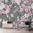 Voguish Modern Grey Wallpaper with Pink Flowers