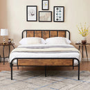 Queen Industrial Wood Metal Platform Bed Frame with Rounded Headboard Footboard