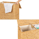 Natural 2-Bin Handwoven Hyacinth Linen Liner Laundry Hamper w/ Handles