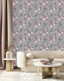 Modish Grey Wallpaper with Pink Flowers
