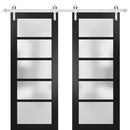 Quadro 4002 Matte Black Double Barn Door with Frosted Glass | Silver Finish Rail