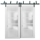 Quadro 4002 Matte White Double Barn Door with Frosted Glass | Black Bypass Rails
