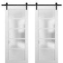 Quadro 4002 Matte White Double Barn Door with Frosted Glass | Black Rail