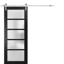 Quadro 4002 Matte Black Barn Door with Frosted Glass and Silver Finish Rail
