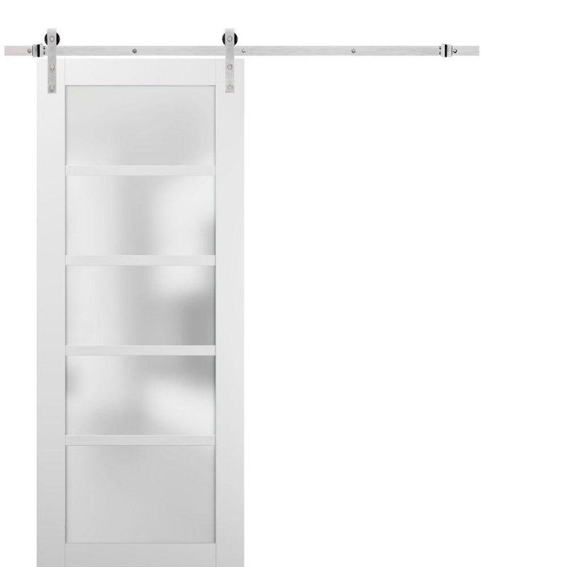 Quadro 4002 White Silk Barn Door with Frosted Glass and Silver Finish Rail